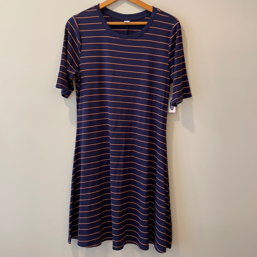 NWT Old Navy Ribbed Sweater Dress Casual- Yellow and Red Stripes on Dark Blue